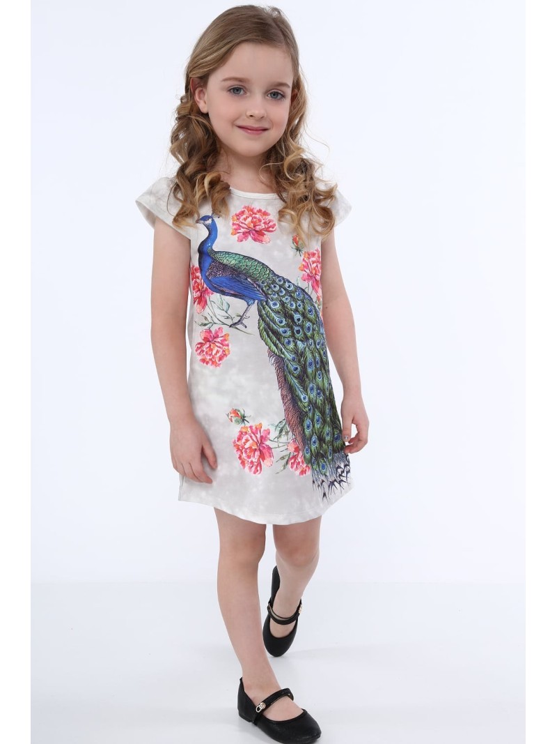 Kleid mit Pfau, hellgrau NDZ8128 – Online-Shop – Boutique